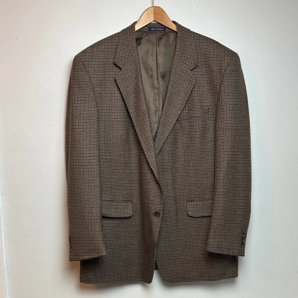 VTG Alan Flusser Men’s Houndstooth Lambswool Cashmere Brown Blazer‎ 46R